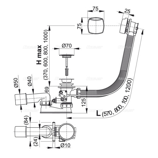 Сифон для ванны автомат комплект, металл, арт.A55K-80-RU-01