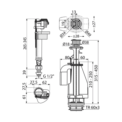 Выпускной комплект с двойной кнопкой,впускной  механизм  А18  1/2, арт. SA08ASK 1/2"  CHROM