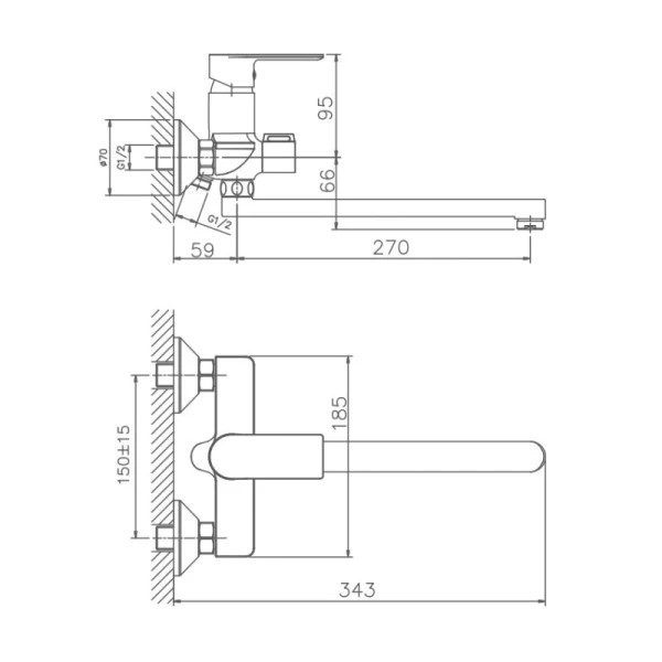 Смеситель для ванны HAIBA HB22505-3, длинный излив, латунь, оружейная сталь