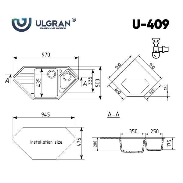 Мойка кухонная Ulgran U-409-309, темно-серый