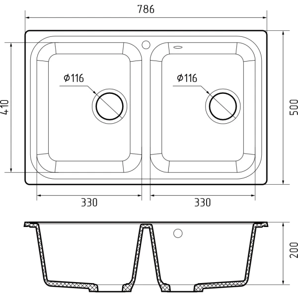 Мойка кухонная GranFest STANDART GF-S-780K 2 чаши 780*510 мм графит, мрамор