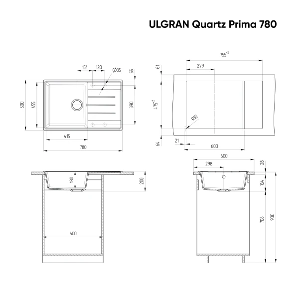 Мойка кухонная ULGRAN Quartz Prima 780-08, космос
