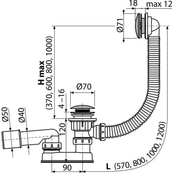 Сифон для ванны click/clack металл, арт.A504CKM-120