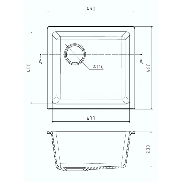 Кухонная мойка RIVELATO BERKANA 45 подст.монтаж 1-чаш 485*455 nero