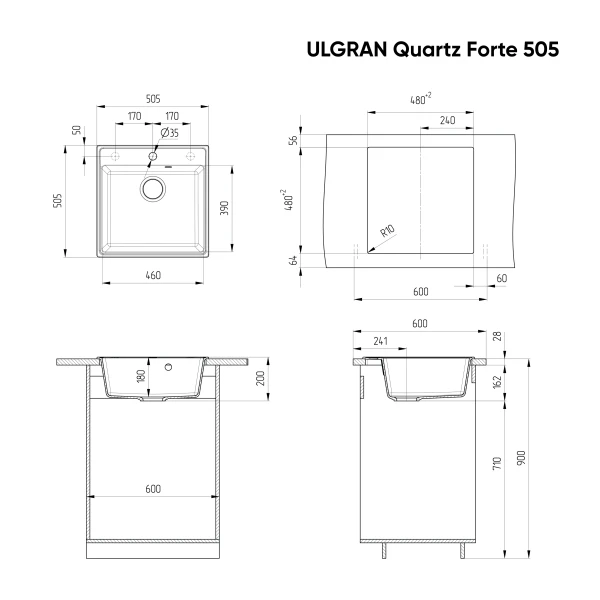 Мойка кухонная ULGRAN Quartz Forte 505-08, космос